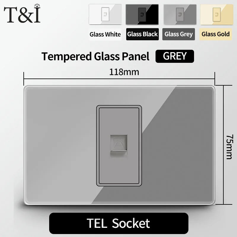 T&I US Standard 118 Wall Outlet with Switch, Tempered Glass Panel, USB and Type-C Charging Ports