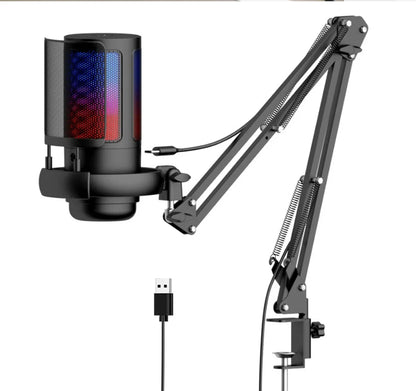 USB Gaming Microphone with Arm Stand Live Reverb Function Mute RGB Condenser Microphones for LiveStreaming Games Audio Recording