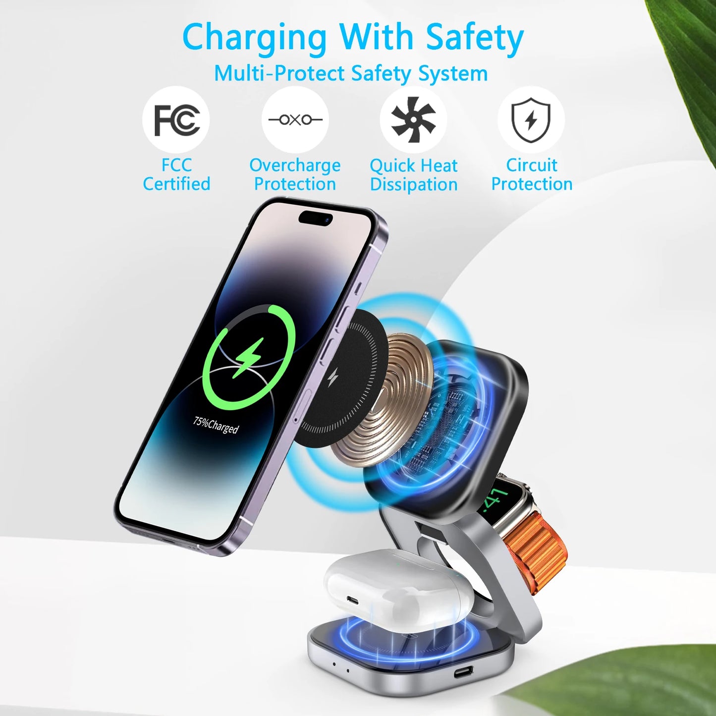 3 in 1 Wireless Charging Stand - Magnetic, Foldable, Fast Charging for iPhone, iWatch, AirPods，usb c to lightning adapter