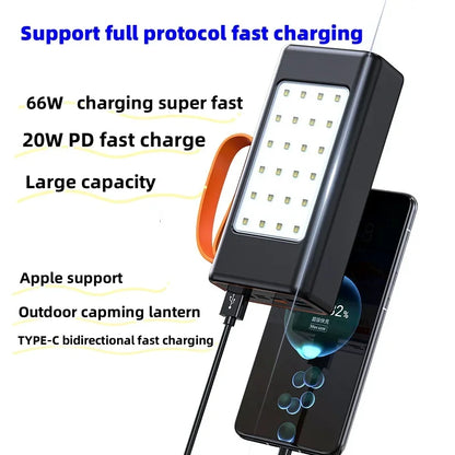 Power Bank 200000mAh High Capacity 66W Fast Charger Waterproof Rechargeable Battery For Mobile Phone Computer Camping LED Light