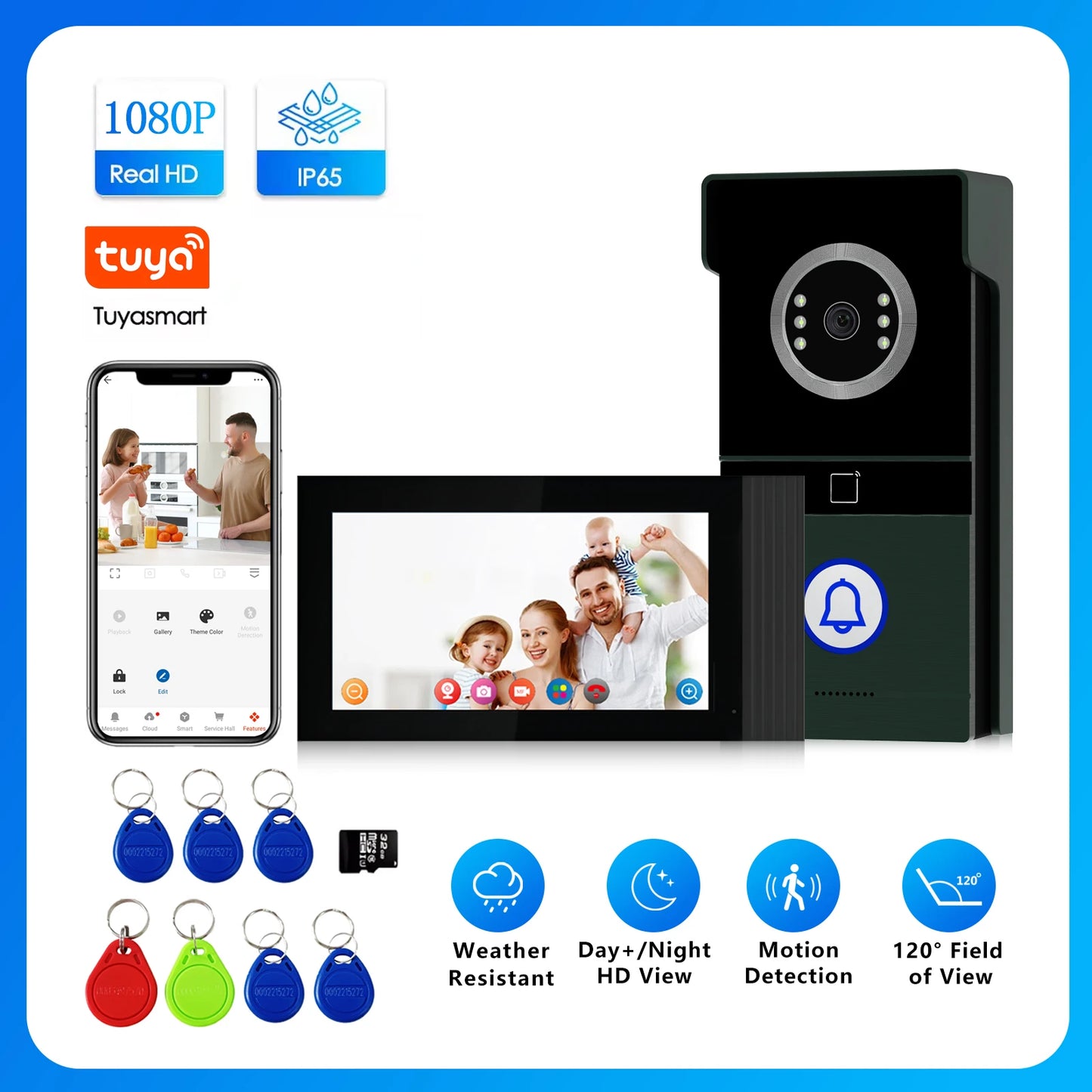 Tuya 7-Inch 1080p Camera Ring Intercom With Night Vision Video Doorbell Support Remote Unlock Intercom System Home