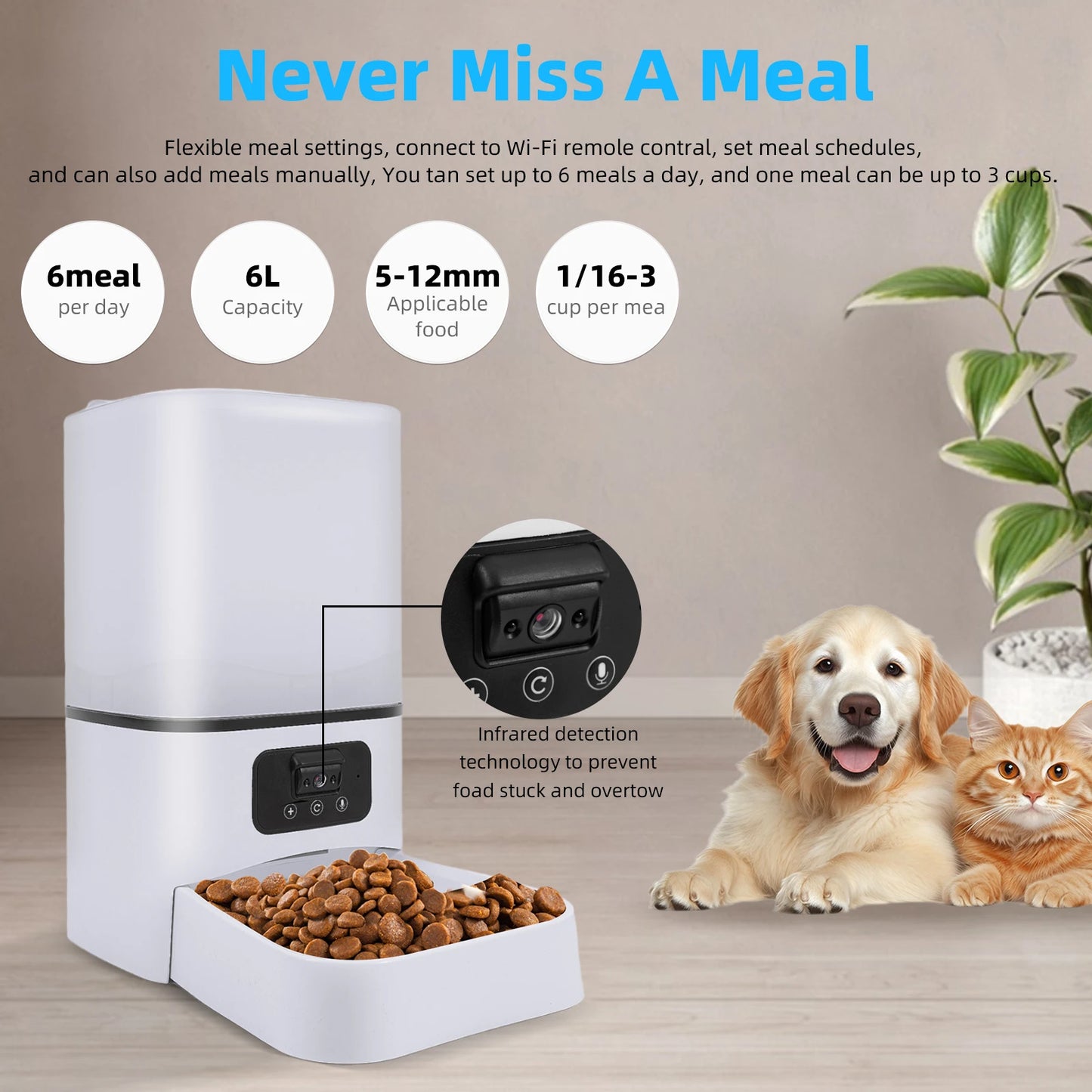 6L Large capacity Cat Smart Pet Feeder Wi-Fi & Camera Controlled  Feeder 2 million pixel  Automatic Dog & Cat Food Dispenser