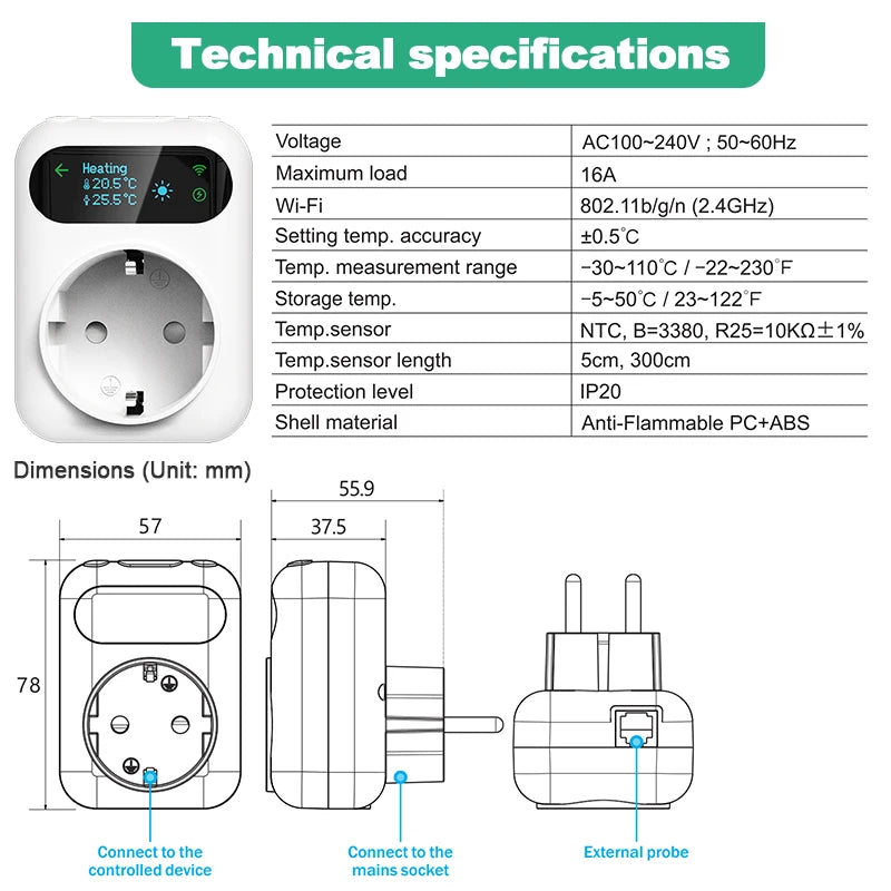 WiFi Tuya Smart Socket Thermostat Outlet Plug Wireless Smart Temperature Controller Timer Switch Cooling Heating Alexa Google