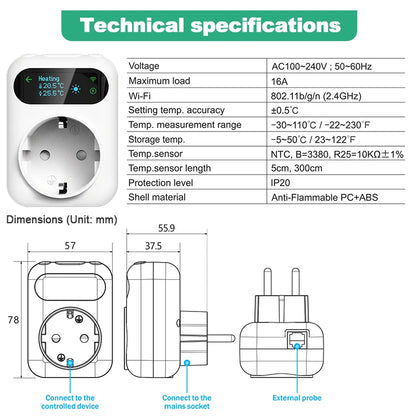 WiFi Tuya Smart Socket Thermostat Outlet Plug Wireless Smart Temperature Controller Timer Switch Cooling Heating Alexa Google