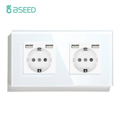 BSEED EU Standard USB Single Socket Touch Switch 1Gang 1Way White Crystal Sensor Wall Light Switch Power Double Sockets Outlets
