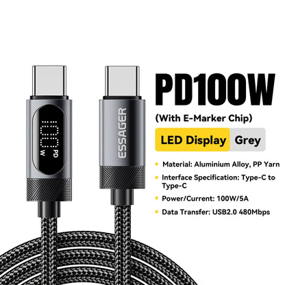 Essager Digital Dispaly USB C Cable For iPhone 16 15 Xiaomi Huawei 100W PD Fast Charging For Macbook iPad Type C to Type C Cable