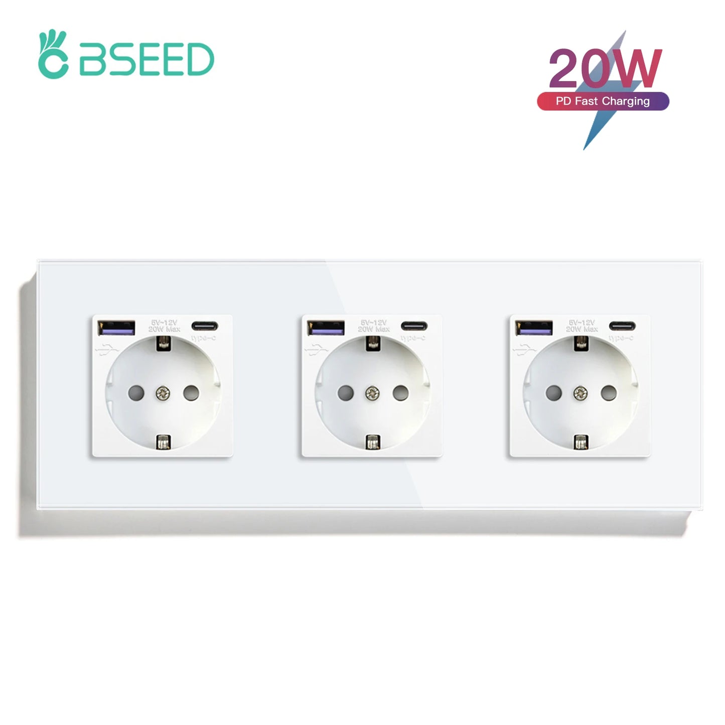 BSEED 20W PD Fast Charge Wall Socket Type-C Interface USB EU Standard Sockets Power Double Triple Power Outlets Wall Mounted