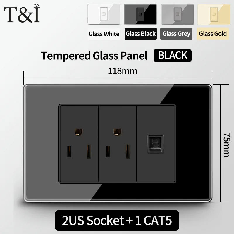 T&I US Standard 118 Wall Outlet with Switch, Tempered Glass Panel, USB and Type-C Charging Ports
