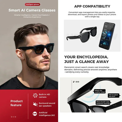 2025 AI Smart Glasses 8MP Professional-Grade Camera HD Video Music Bluetooth Call AI Voice Control Smart Glasses For Men Women