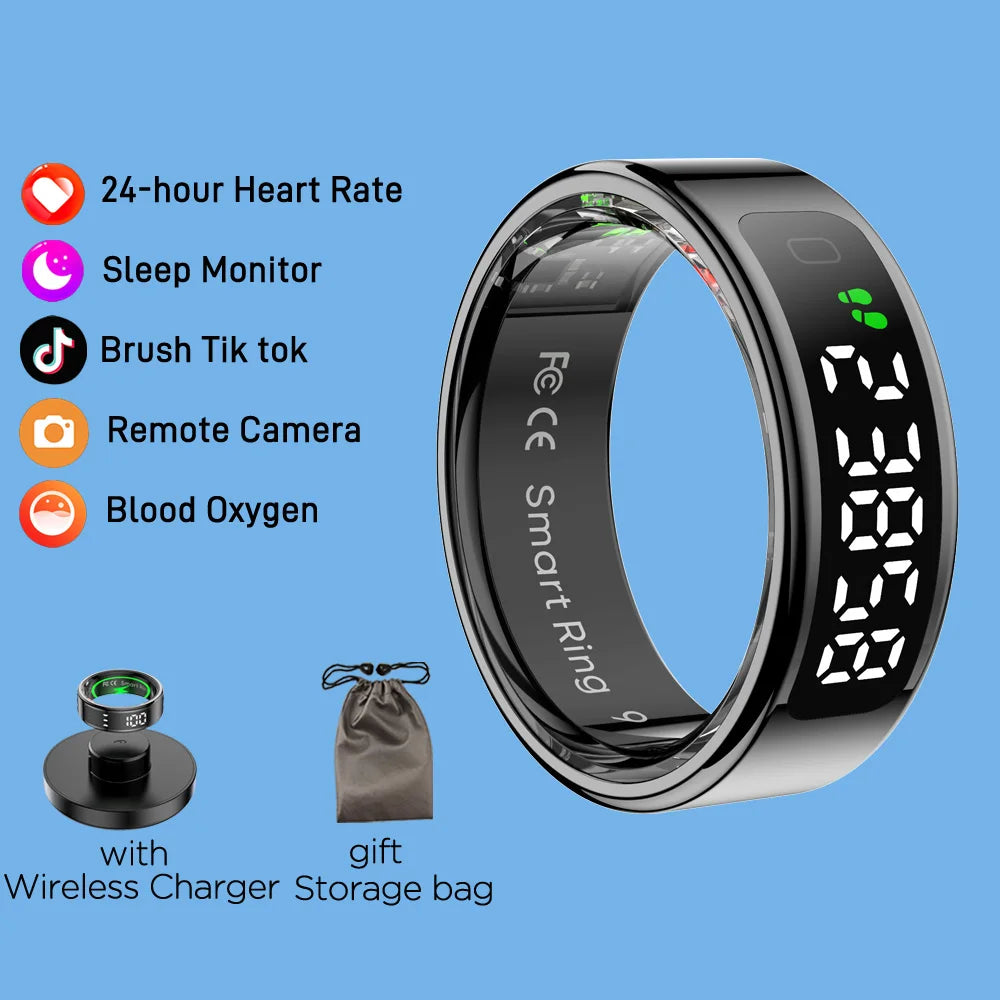 R11 Smart Ring with Display Screen and Touch Wireless Charging, Health Manager 5 ATM Waterproof For Men Women for iphone Android