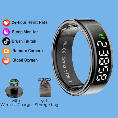 R11 Smart Ring with Display Screen and Touch Wireless Charging, Health Manager 5 ATM Waterproof For Men Women for iphone Android