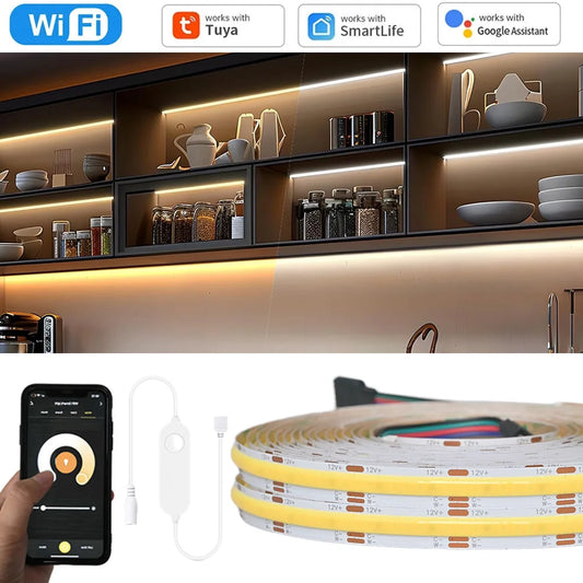 Tuya Smart WiFi COB CCT LED Strip 12V 2m 3m 5m 10m Dimmable Flexible 2700-6500K Dual White Room Decor Light fr Alexa Google Home