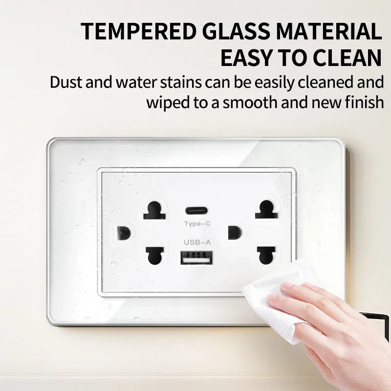 T&I US Standard 118 Wall Outlet with Switch, Tempered Glass Panel, USB and Type-C Charging Ports