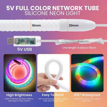RGBIC Flexible Silicone LED Light Strip 5V Waterproof IP67 Round Reticulate Pattern 360 Degree Neon Glow Smart Rope Light
