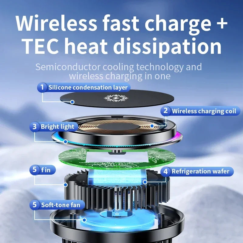ice Cooling Magnetic Wireless Car Charger Stand for iPhone 16 15 14 13 12 Pro Max MacSafe Car Phone Holder Fast Charging Station