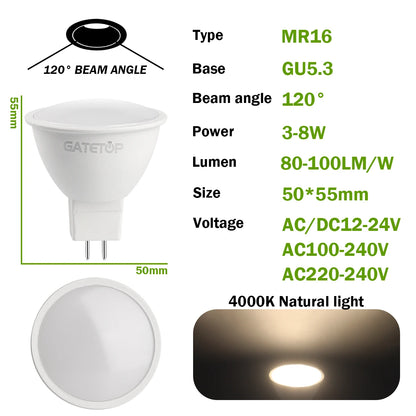 3PCS GU5.3 Base LED Spot Light MR16 Lampara No Flicker Full Voltage AC/DC12V AC 110V 220V Warm Lighting Suitable for Home Led