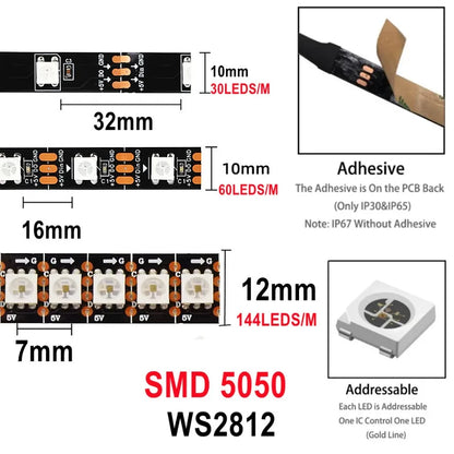 WS2812B RGB Colored Light SMD5050 RGBIC 5V Smart Waterproof LED Strip Individually Addressable IC 30/60/144Pixels/Leds/m Light