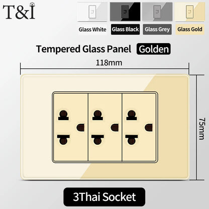 T&I US Standard 118 Wall Outlet with Switch, Tempered Glass Panel, USB and Type-C Charging Ports