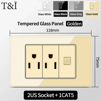 T&I US Standard 118 Wall Outlet with Switch, Tempered Glass Panel, USB and Type-C Charging Ports