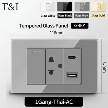 T&I US Standard 118 Wall Outlet with Switch, Tempered Glass Panel, USB and Type-C Charging Ports