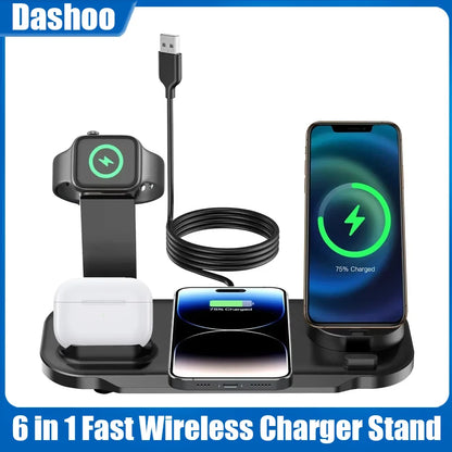 6 in 1 Wireless Charger Station for iPhone 16 15 14 13 12 11 Apple Watch Airpods Desk Phone Charger Fast Charging Dock Station
