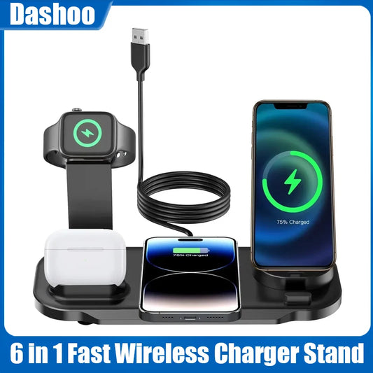 6 in 1 Wireless Charger Station for iPhone 16 15 14 13 12 11 Apple Watch Airpods Desk Phone Charger Fast Charging Dock Station
