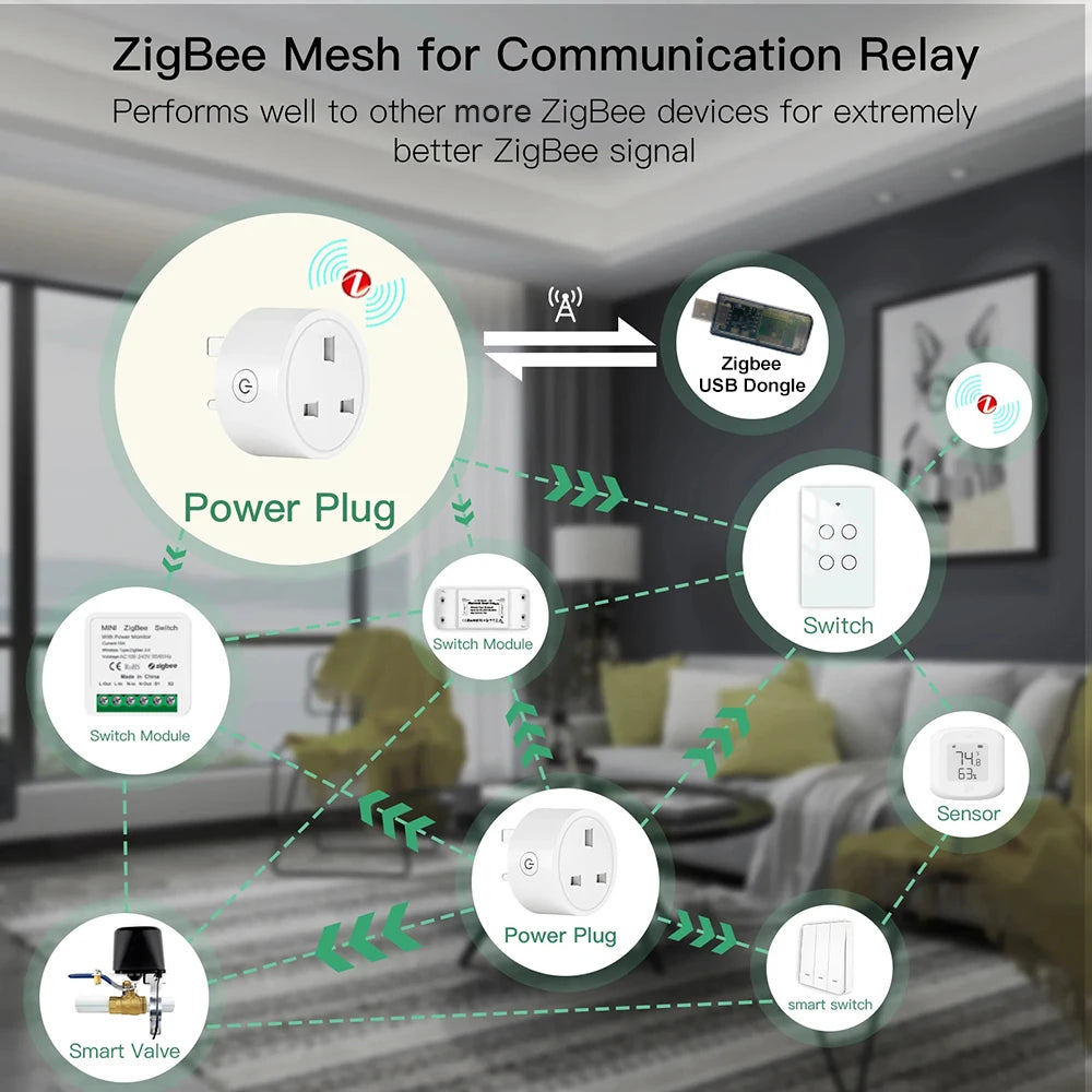 Home Assistant ZigBee Smart Plug 16A Smart Home Outlet UK Socket with Power Monitor Function APP Control Supports Alexa Z2M ZHA