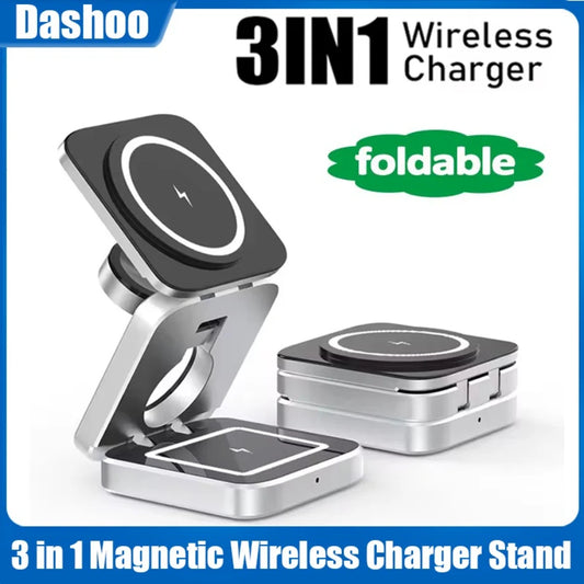 3 IN 1 Magnetic Fast Wirreless Charger Stand Foldable Desktop Phone Holder For Magsafe iPhone 16-12 Apple Watch 10/9/8/7 Airpods