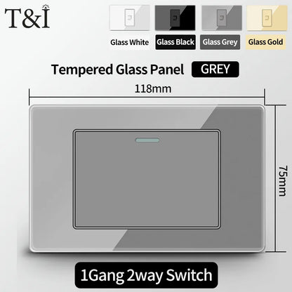 T&I US Standard 118 Wall Outlet with Switch, Tempered Glass Panel, USB and Type-C Charging Ports