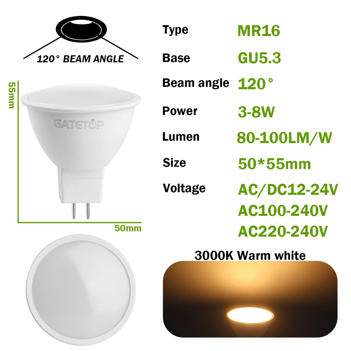 3PCS GU5.3 Base LED Spot Light MR16 Lampara No Flicker Full Voltage AC/DC12V AC 110V 220V Warm Lighting Suitable for Home Led