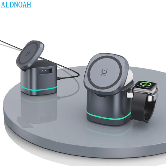 3 in 1 Wireless Charging Station for Apple Foldable Magnetic Travel Charger Multiple Devices for iPhone 15/14-12 iWatch AirPods