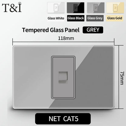 T&I US Standard 118 Wall Outlet with Switch, Tempered Glass Panel, USB and Type-C Charging Ports