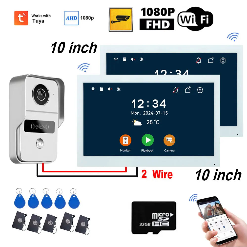 1080P Video Intercom Wifi 7/10 Inch Monitor Kit for Apartment System Home Security 2 Wire Doorbell Card Swipe Private House Tuya