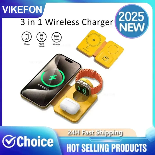 Folding 3 IN 1 Wireless Phone Watch ChargerMagnetic Fast Charger Station Folding For iPhone 12 15 16 13 14 Apple Watch Airpods