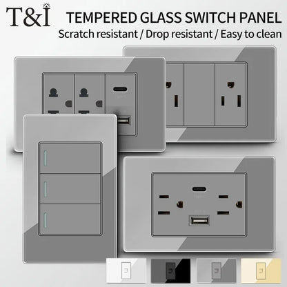 T&I US Standard 118 Wall Outlet with Switch, Tempered Glass Panel, USB and Type-C Charging Ports