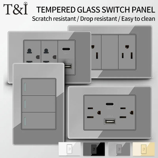 T&I US Standard 118 Wall Outlet with Switch, Tempered Glass Panel, USB and Type-C Charging Ports