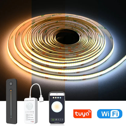 Tuya WiFi COB CCT LED Strip PIR Motion Sensor 12V 2m 3m 5m 10m Dimmable Bed Wardrobe Cabinet Light 2700-6500K for Alexa Google