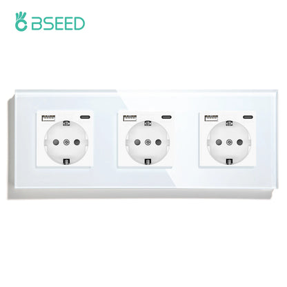 BSEED EU Standard USB Single Socket Touch Switch 1Gang 1Way White Crystal Sensor Wall Light Switch Power Double Sockets Outlets