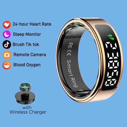 R11 Smart Ring with Display Screen and Touch Wireless Charging, Health Manager 5 ATM Waterproof For Men Women for iphone Android