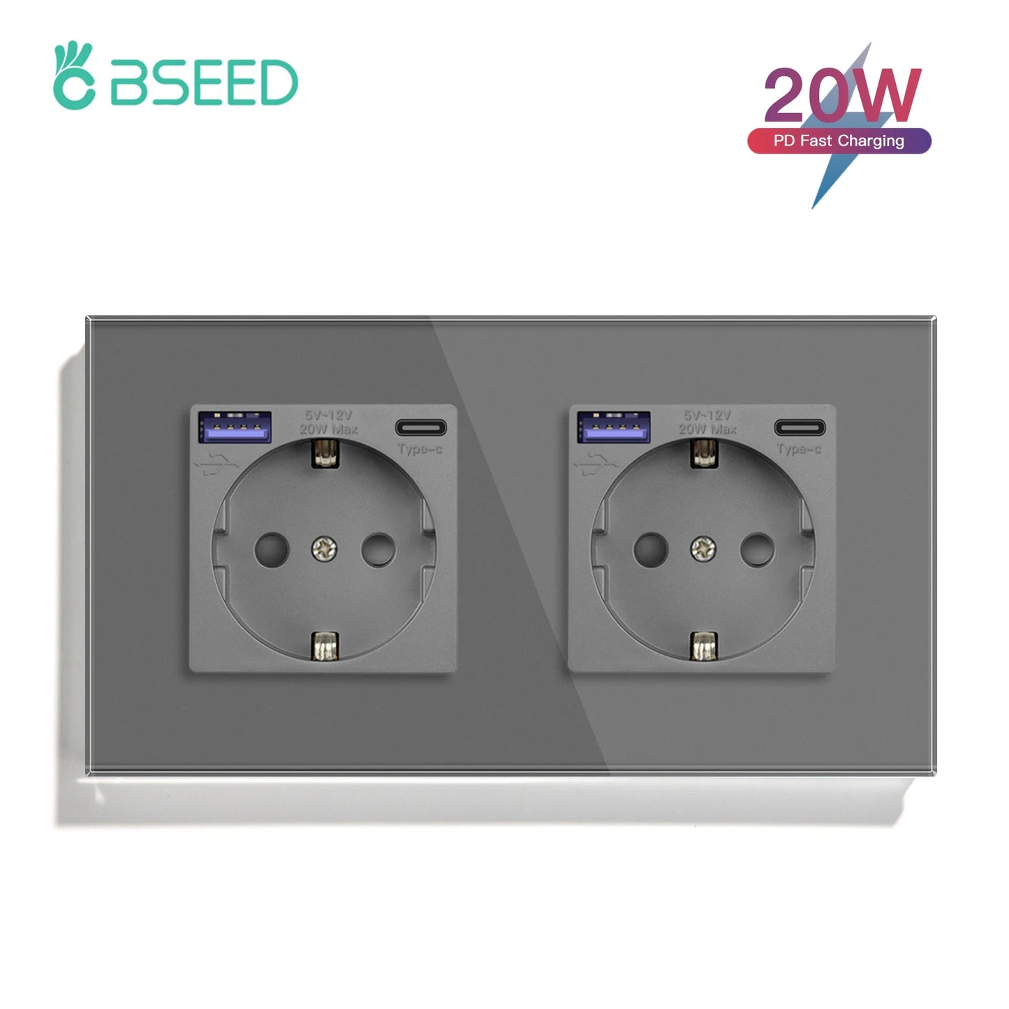 BSEED 20W PD Fast Charge Wall Socket Type-C Interface USB EU Standard Sockets Power Double Triple Power Outlets Wall Mounted