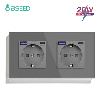 BSEED 20W PD Fast Charge Wall Socket Type-C Interface USB EU Standard Sockets Power Double Triple Power Outlets Wall Mounted