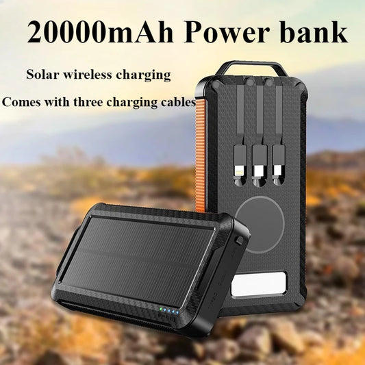 20000mAh Long Endurance LED Emergency Powe Rbank USB Solar Wireless Charging 3 in 1 Small Solar Power Bank Charging Station