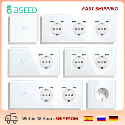 BSEED EU Standard USB Single Socket Touch Switch 1Gang 1Way White Crystal Sensor Wall Light Switch Power Double Sockets Outlets