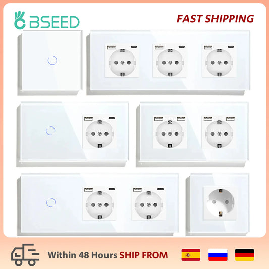 BSEED EU Standard USB Single Socket Touch Switch 1Gang 1Way White Crystal Sensor Wall Light Switch Power Double Sockets Outlets