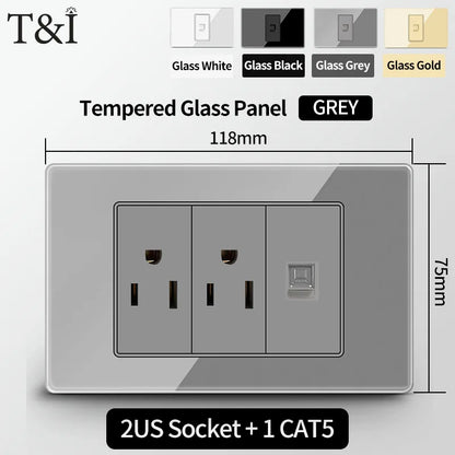T&I US Standard 118 Wall Outlet with Switch, Tempered Glass Panel, USB and Type-C Charging Ports