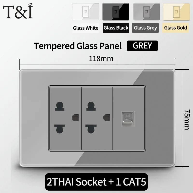 T&I US Standard 118 Wall Outlet with Switch, Tempered Glass Panel, USB and Type-C Charging Ports