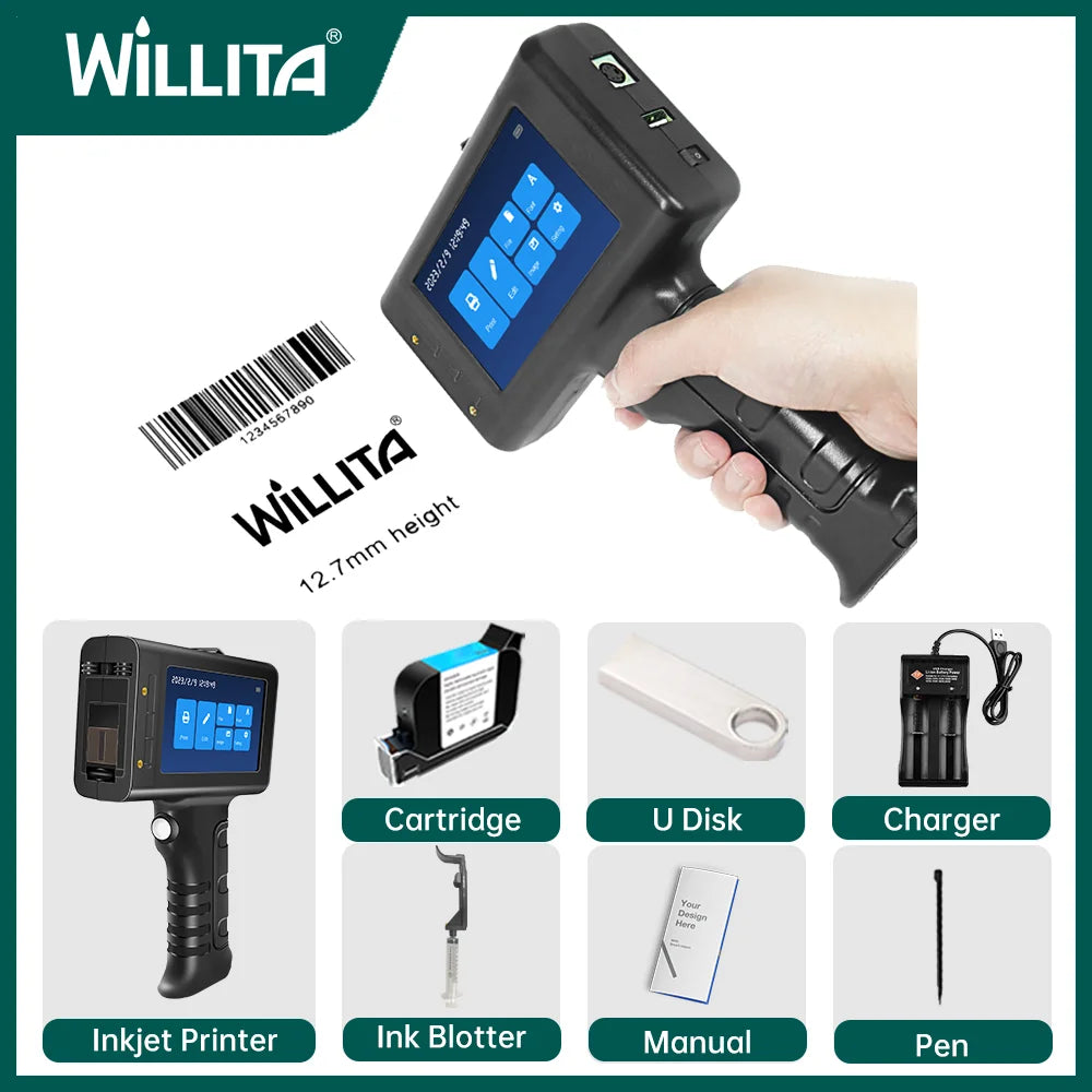 Willita 12.7mm Handheld Inkjet Printer Gun | Portable Plastic Surface Coding for Expiry Dates, Batch Numbers, QR/Barcode & Logos