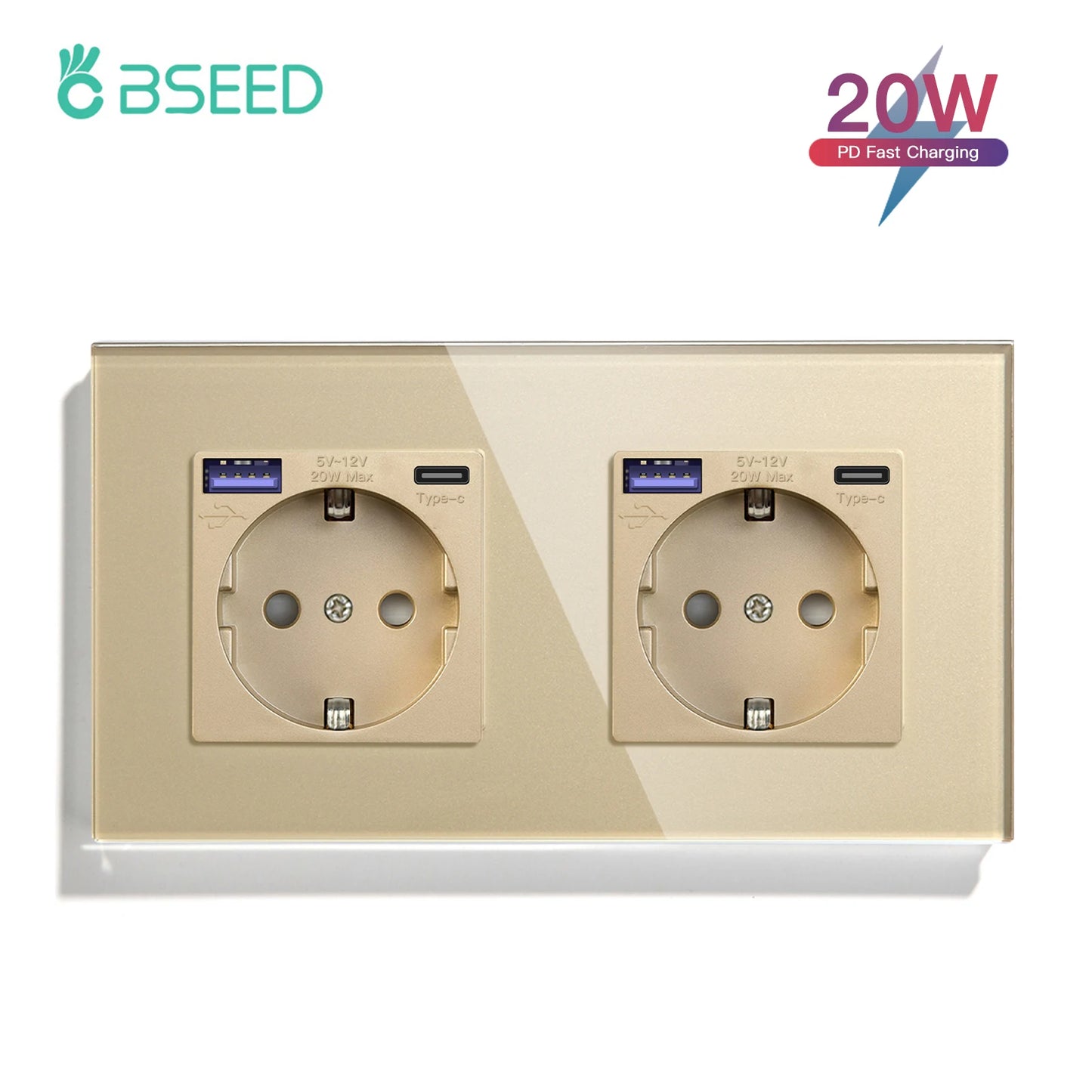 BSEED 20W PD Fast Charge Wall Socket Type-C Interface USB EU Standard Sockets Power Double Triple Power Outlets Wall Mounted