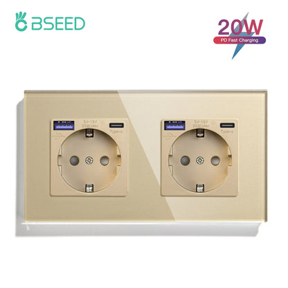 BSEED 20W PD Fast Charge Wall Socket Type-C Interface USB EU Standard Sockets Power Double Triple Power Outlets Wall Mounted