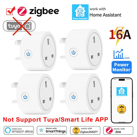 Home Assistant ZigBee Smart Plug 16A Smart Home Outlet UK Socket with Power Monitor Function APP Control Supports Alexa Z2M ZHA